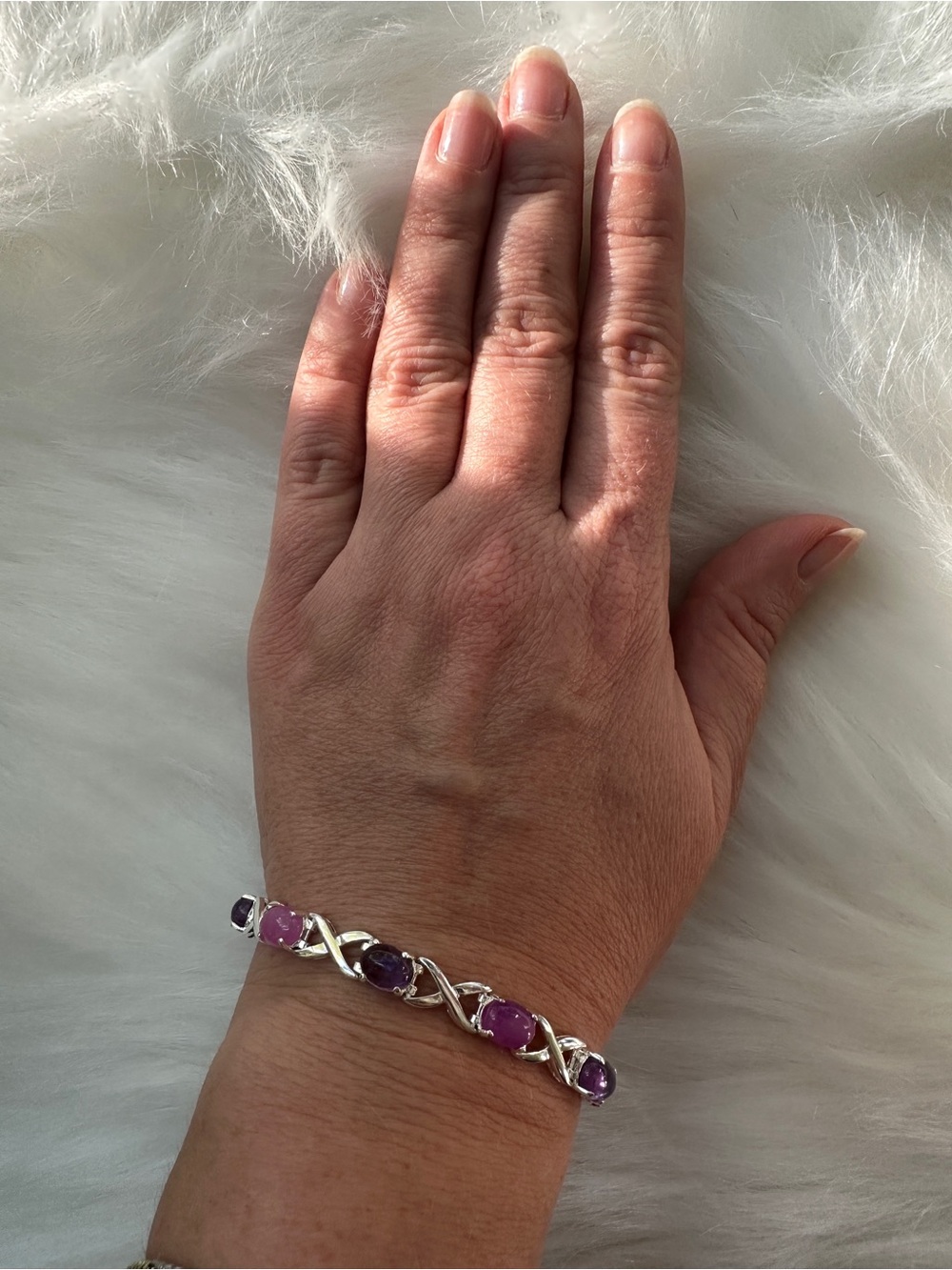 Sterling Silver X link Bracelet: Purple Amethysts and Lavender Quartz Cabochons
